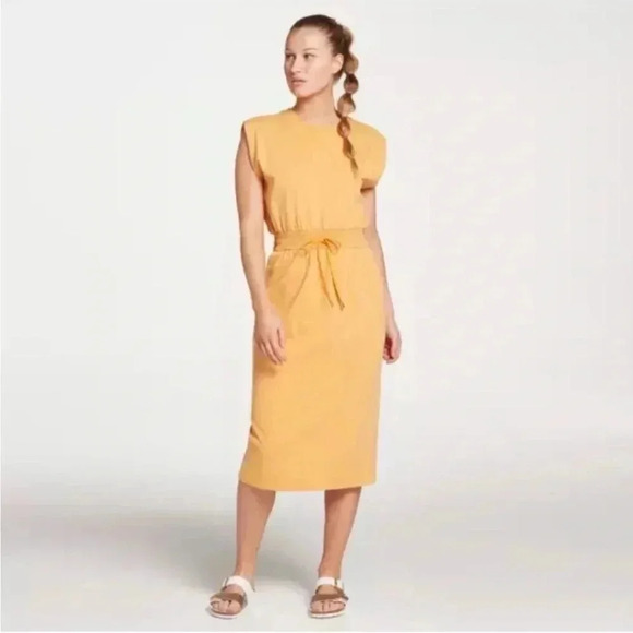 Calia Dress Womens S Extended Shoulder Midi Tank Cinched Waist Pockets Yellow - Picture 1 of 8